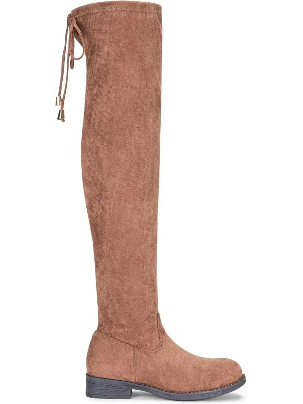 Women's Mocha Synthetic Suede Side Zipper Flat Heel Stretch Over The Knee Boots